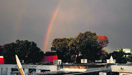 A sight to behold: A rainbow adds to the beauty of Chandigarh on Thursday.