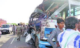 The scene of an accident in Mewat in which eight persons were killed on Thursday.