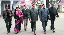 Leader of the Opposition PK Dhumal with other BJP MLAs at the Vidhan Sabha in Shimla on Thursday.