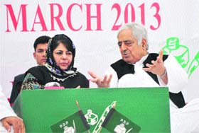 PDP patron Mufti Mohammad Sayeed and party president Mehbooba Mufti at the party general council meeting in Jammu on Thursday