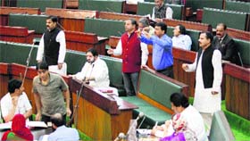 Opposition members stage a protest in the Assembly on Thursday