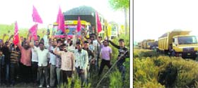 Residents of Madepura village hold a protest; and (right) trucks laden with sand illegally mined from the Sutlej riverbed alongside Madepura village