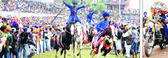Nihangs display their horse riding skills at Anandpur Sahib on Thursday; and (right) a Nihang sports a 75-kg turban.