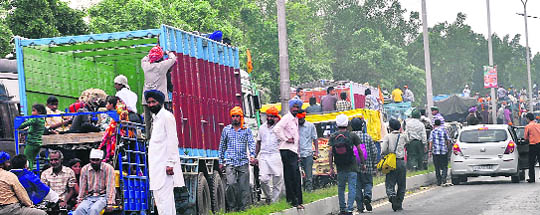 Vehicles stuck in a traffic jam at Anandpur Sahib on Thursday. 