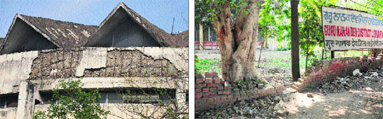 The dilapidated condition of the Guru Nanak District library; and (right) the broken boundary wall of the library in Jalandhar.  