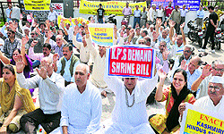 Kashmiri Pandits protest against the delay in passage of Temples and Shrines Bill in Jammu on Friday
