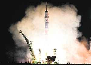 The Soyuz TMA-08M spacecraft blasts off from Kazakhstan's Baikonur cosmodrome on Friday. 