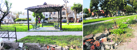 Portions of a park in Sector 35-A, Chandigarh, from where miscreants removed iron railings.