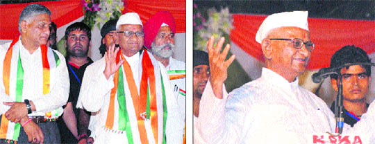 (Left) Social activist Anna Hazare on his arrival in Jalandhar on Sunday evening; and (right) addresses a gathering at the local Desh Bhagat Yadgaar Hall in Jalandhar on Sunday. 
