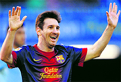 Barcelonas Lionel Messi celebrates after scoring during the Spanish league match against Celta de Vigo in Vigo on Saturday