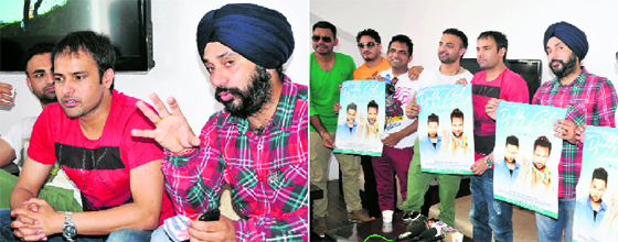 (Left) Singer-turned-actor Amrinder Gill and producer of Punjabi movie Daddy Cool, Munde Fool Satvir Sonu address mediapersons in Bathinda on Monday; and the cast and crew show posters of the film at a promotional event.