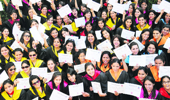 Students in a jubilant mood after receiving their degrees at the convocation of the MCM DAV College for Women in Chandigarh on Monday.