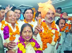 BJP candidates for the posts of Mayor, Deputy Mayor, Chairman and Deputy Chairman of the Standing Committee after filing their nomination papers for the upcoming election of North Delhi Municipal Corporation at Civic Centre in New Delhi on Monday. Tribune photo: Manas Ranjan Bhui