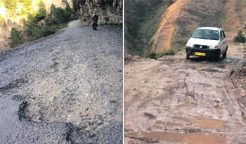 The Nagun-Bhavan road leading to the Gangotri shrine in poor condition; and (right) a motorist finds it difficult to drive on the road.