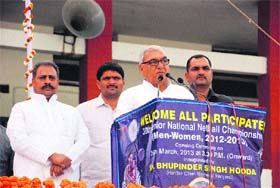 Haryana Chief Minister Bhupinder Singh Hooda inaugurates the four-day 30th Senior National Netball Championship at MNSS, Rai in Sonepat