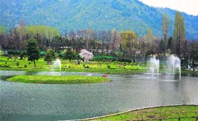 A scenic treat: Tourists enjoy a boat ride in the Botanical Garden lake in Srinagar