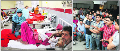Patients lie unattended following strike by junior doctors and (right) striking junior doctors in a meeting at Government Medical College in Jammu on Monday.