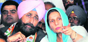 PCC chief Partap Singh Bajwa and Patiala MP Preneet Kaur in Patiala on Monday.