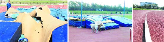 A damaged base used for high jump at the Tau Devi Lal Stadium in Sector 3, Panchkula; dogs roam in the stadium; and a missing railing on a race track. Tribune photos: Nitin Mittal
