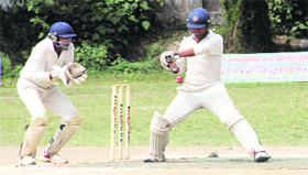 A batsman playing a shot in a match in the 5th All-India Uttarakhand Cricket Cup-2013 played at Rangers' College ground in Dehradun on Tuesday.