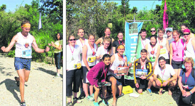 Steve Luukkonen, physical education teacher of Woodstock School, exults after winning the Corbett Marathon in Mussoorie on Tuesday; and (right) staff and students of the school, who were runners-up, at Jim Corbett National Park.