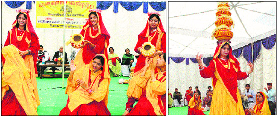 Artistes perform during a cultural competition organised in Hamirpur recently.