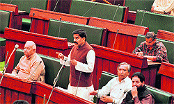 Panthers Party leader Harsh Dev Singh making a point in the state Assembly in Jammu on Tuesday