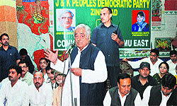 PDP patron Mufti Mohammad Sayed addresses party workers at a meeting in Jammu on Tuesday