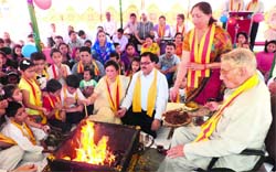 Auspicious Beginning: Members of the administration of MHAC School, Nagbani, start the new session on a Vedic note in Jammu on Tuesday. A Tribune Photograph