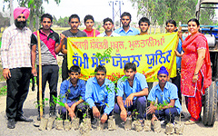 Students of a Government Secondary School, Multania, during a plantation drive in Bathinda on Wednesday