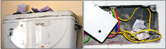 Cheating material lying in a toilet and inside a broken switch box at Post Graduate Government College in Sector 11