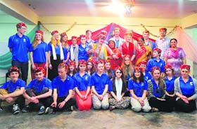 Delegates of British Saint Lawrence School, London, wear Himachali caps at JNV in Paprola on Tuesday