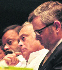 Union Minister Jairam Ramesh and Chief Minister Omar Abdullah at a function in the University of Jammu on Wednesday. 