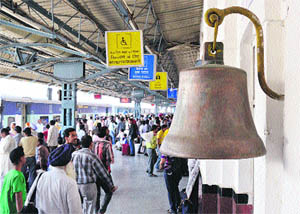 An old traditional bell installed at the railway station in Ludhiana. 