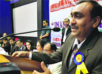 An electro-homeopathy practitioner addresses a conference in Ludhiana on Wednesday. 