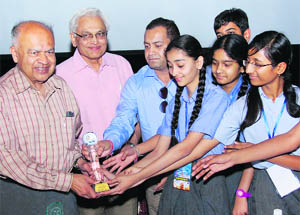 Students who won the first prize in a NASA contest on Mars held last year, being felicitated by Dr Jayant V Narlikar on the opening day of the 2nd National Space Conference in Chandigarh on Thursday. 