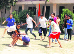 Players in action during a kabaddi match at Bhagat Phool Singh Women University, Khanpur Kalan. 