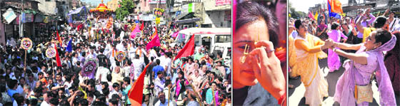 Devotees take part in the rath yatra of Lord Jagannath in Jammu on Thursday.