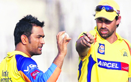 Captain MS Dhoni with CSK coach Stephen Fleming during a training session in Chennai on Thursday.
