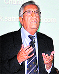 Ashok Sahani, grandson of Ruchi Ram Sahni, addresses a gathering at Panjab University on Friday
