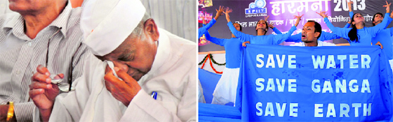 Anna Hazare gets emotional on seeing a performance by artistes from Assam (right) during his visit to Karnal on Friday.