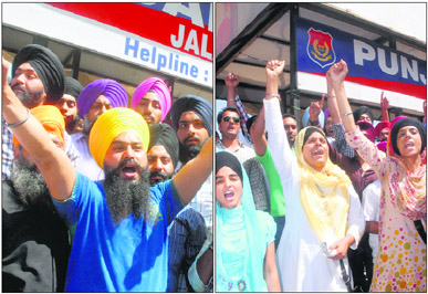 Sikh activists hold a protest against the imposition of ban on movie Sadda Haq by the Punjab Government in Jalandhar on Friday.