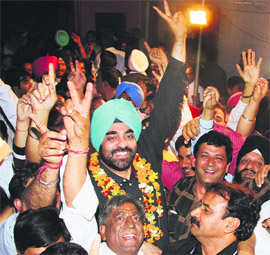 Mandeep Singh Sachdev, along with his supporters, in a jubilant mood after being elected as the president of the District Bar Association in Jalandhar on Friday.