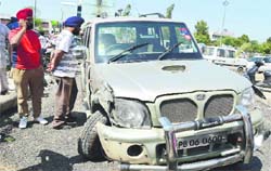 The damaged SUV that was being driven by a policeman's son on Ferozepur Road on Friday. Photo: Inderjeet Verma 