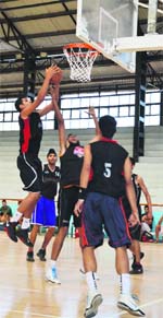 A match in progress during the Punjab State Three-on-Three Basketball Tournament at Guru Nanak Stadium in Ludhiana on Friday. Photo: Inderjeet Verma