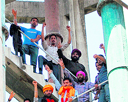 Unemployed youths atop a water tank at a market in Amritsar on Saturday