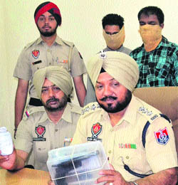 Policemen show the weapons and drug powder recovered from a convict on parole in Jalandhar on Saturday. 