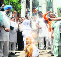 Family members of the unemployed youths and Congress leaders burn an effigy of the Powercom in Amritsar on Sunday. 