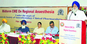 Avtar Singh Makkar, president, SGPC, speaks during a programme at Sri Guru Ram Dass Institute of Medical Research and Education, Vallah, on Sunday