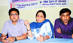 Dr Tejender Kataria (centre) from Medanta Medcity along with Dr Anuj and Dr Rohit Goya interacts with the media in Bathinda on Sunday